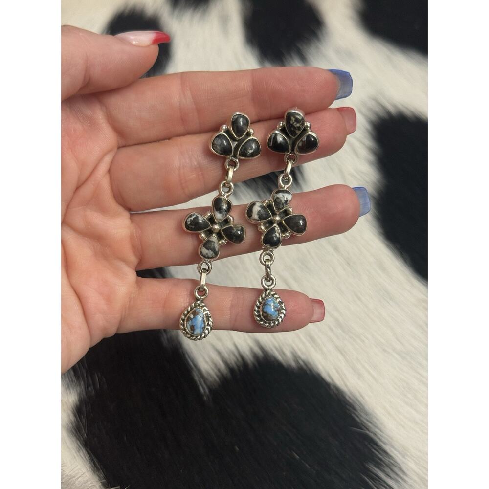 Sterling Silver Black and Blue Stone Dangle Earrings